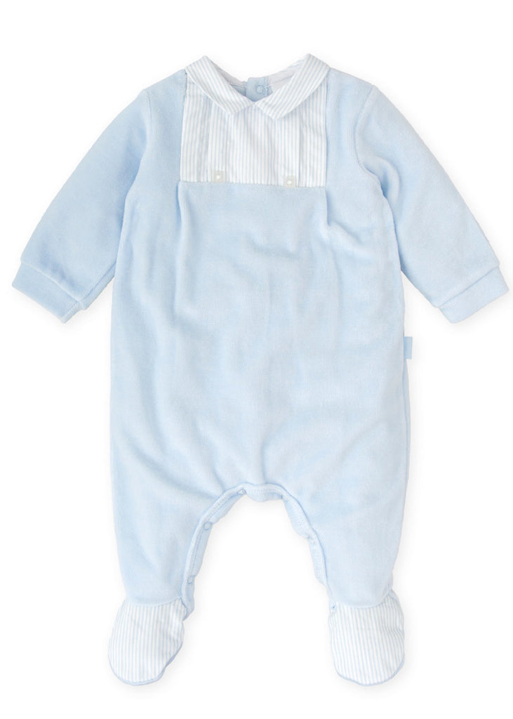 Tutto Blue Velour Babygrow with Stripe Collar Box Set 2403