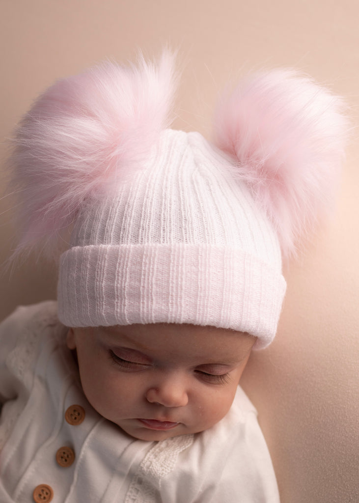 White/Pink Faux Fur Double Pom Hat