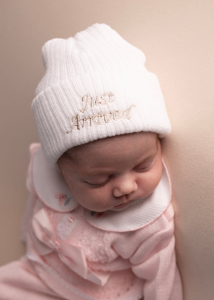 White 'Just Arrived' Newborn Hat