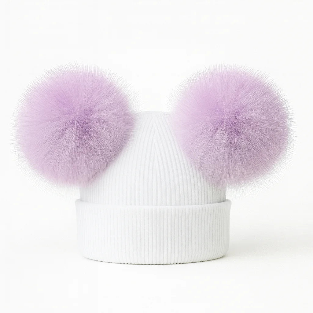 Faux Fur Double Pom Hat - Lilac