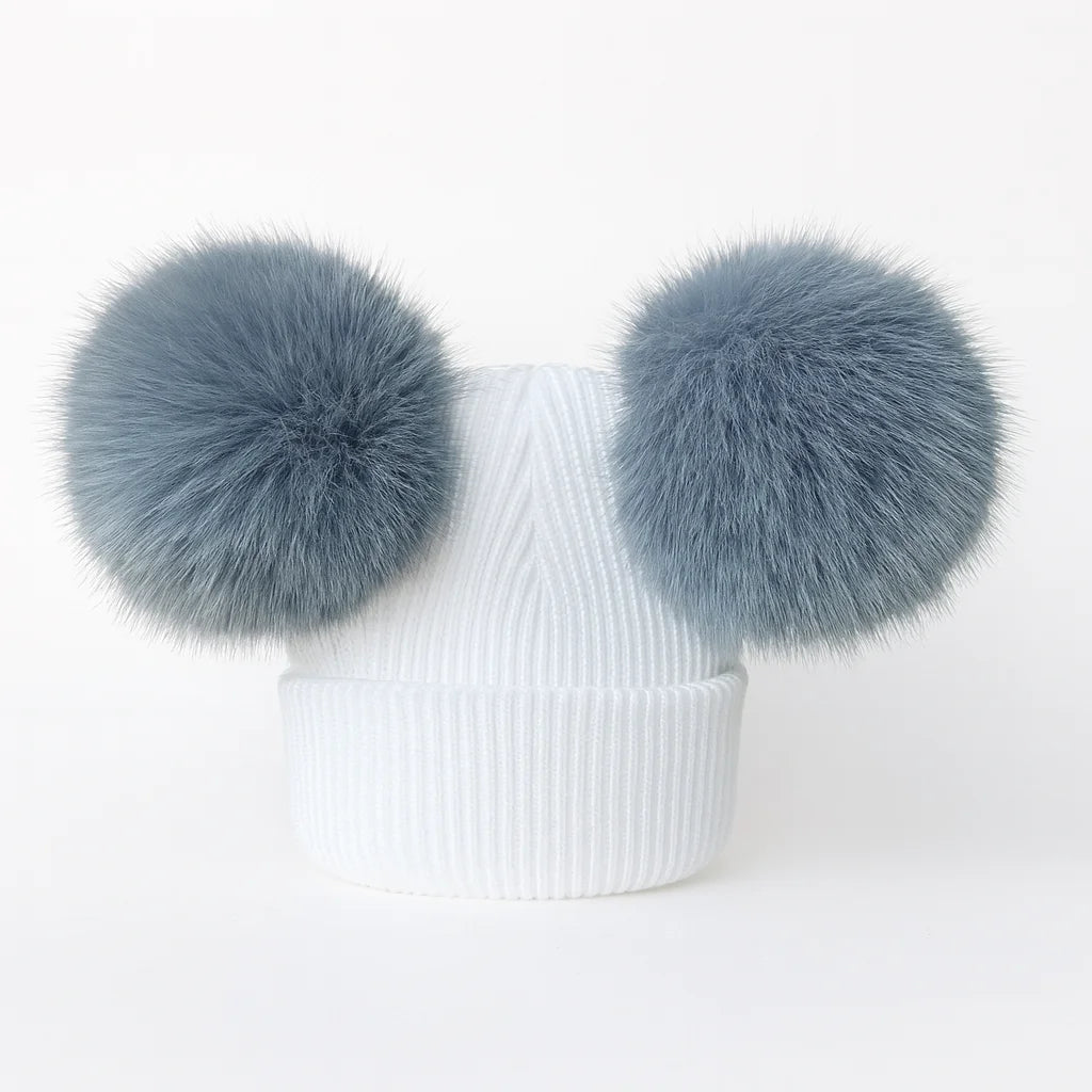 Faux Fur Double Pom Hat - Spring Blue